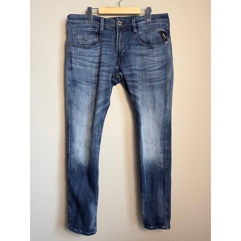 Replay Anbass Slim Fit Jeans Mens Medium Wash Blue Denim Stretch Tapered Faded